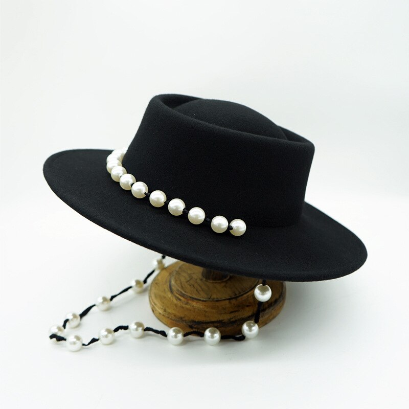 Women Black Fedora Hat Pearls Band