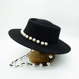 Women Black Fedora Hat Pearls Band