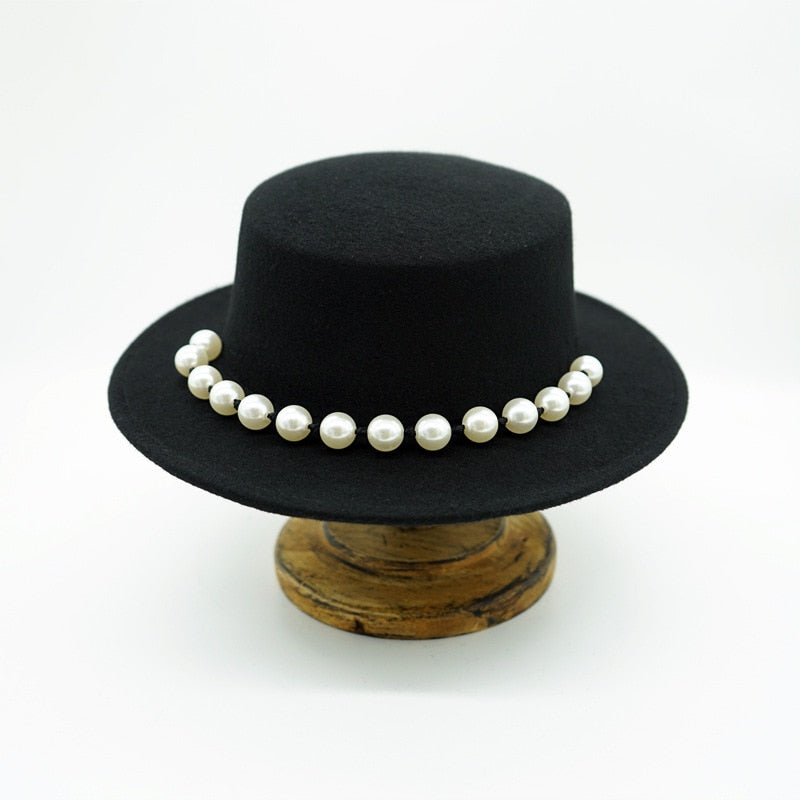 Women Black Fedora Hat Pearls Band
