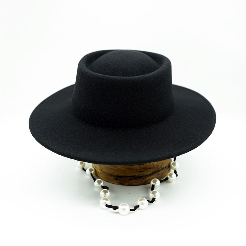 Women Black Fedora Hat Pearls Band