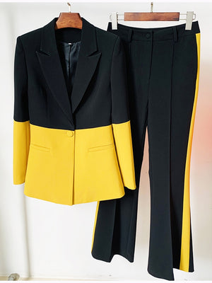 Miriam Single Button Color Block Blazer Flare Pants Suit