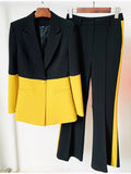 Miriam Single Button Color Block Blazer Flare Pants Suit