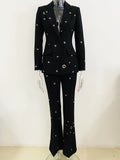 Carloti Single Button Rivet Eyelet Lapel Blazer Pants Set
