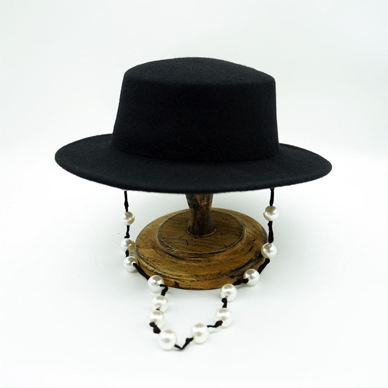 Women Black Fedora Hat Pearls Band