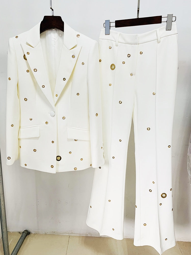 Carloti Single Button Rivet Eyelet Lapel Blazer Pants Set