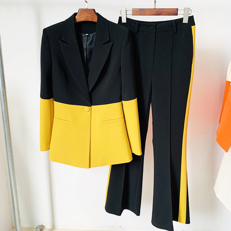 Miriam Single Button Color Block Blazer Flare Pants Suit