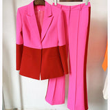 Miriam Single Button Color Block Blazer Flare Pants Suit