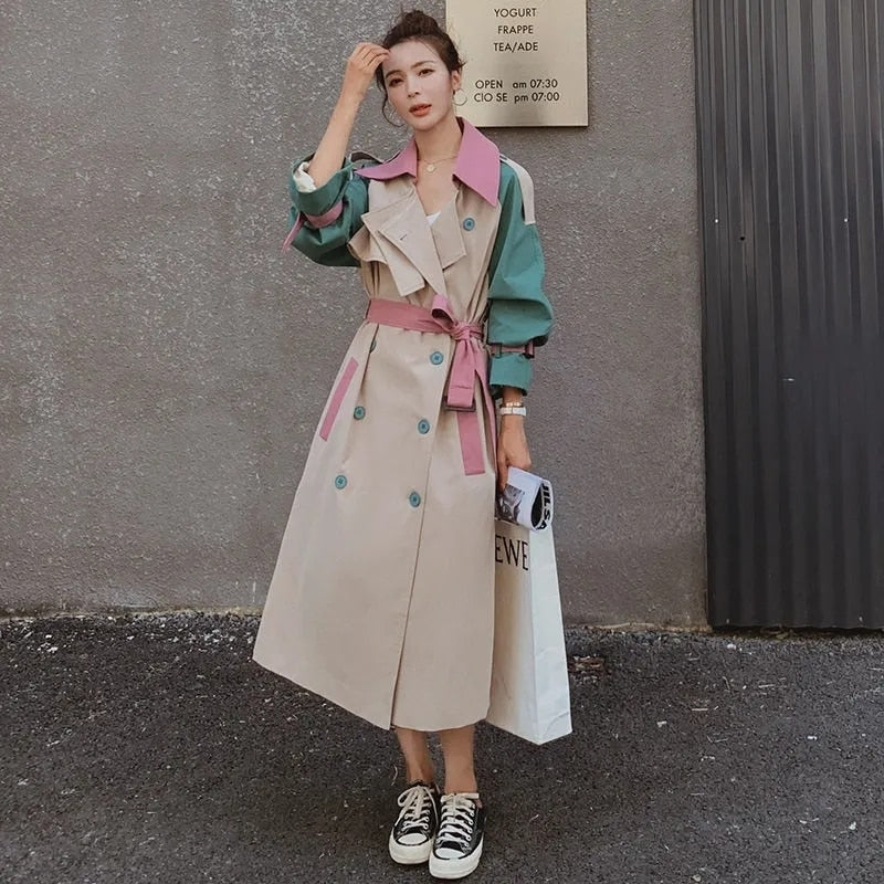 Viviana Patchwork Color Women Mid-length Trench