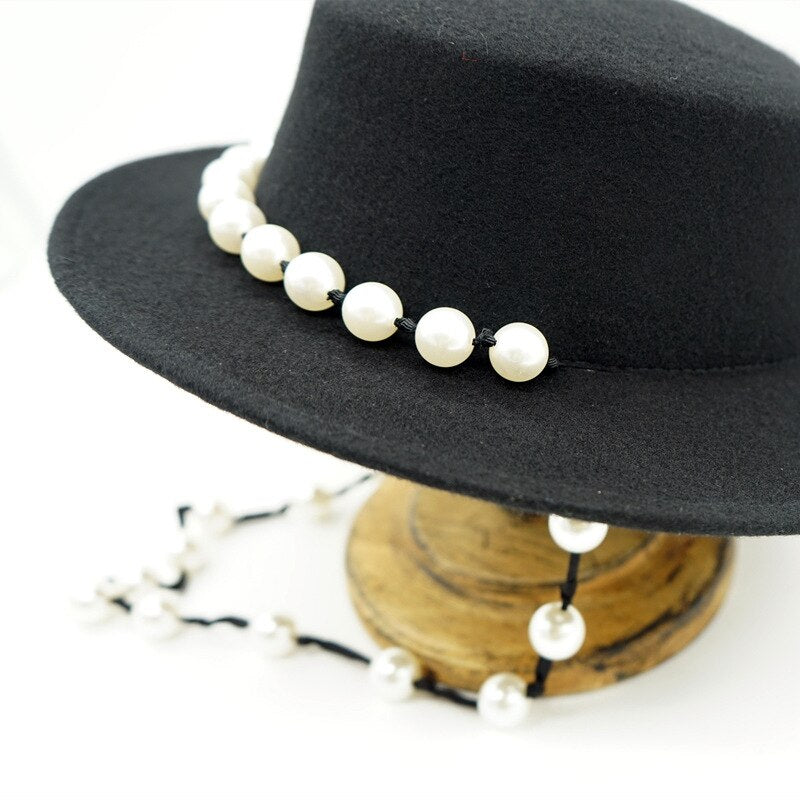 Women Black Fedora Hat Pearls Band