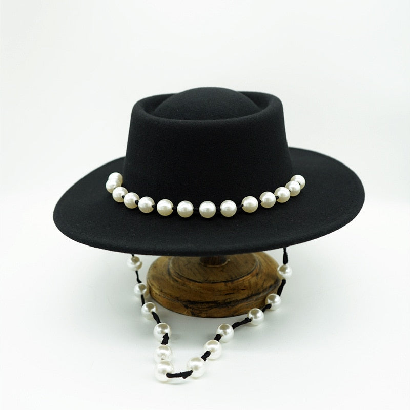Women Black Fedora Hat Pearls Band