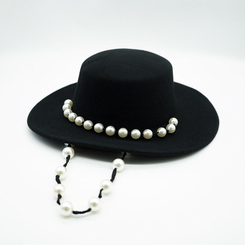Women Black Fedora Hat Pearls Band