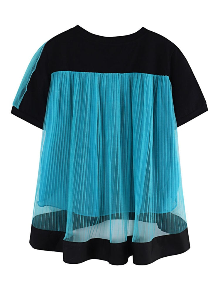 Elisa Color-block Pleated Mesh Tee