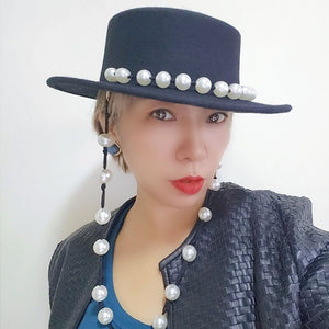 Women Black Fedora Hat Pearls Band