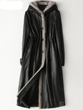 Long Warm Thick Black Leather Coat Women