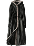 Long Warm Thick Black Leather Coat Women