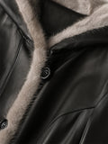 Long Warm Thick Black Leather Coat Women