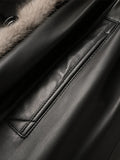 Long Warm Thick Black Leather Coat Women