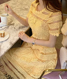 Yellow Short Sleeve Crochet Embroidered Dress