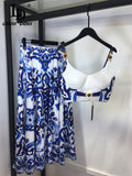 Juilienne Spaghetti strap Top＋Blue and White Porcelain Skirts 2 Pieces Set