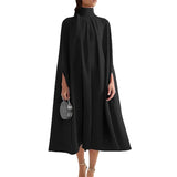 Batwing Cape Coat Lace-Up Solid Midi Dress