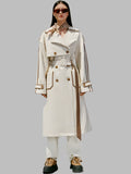 Long Color Block Faux Leather Trim Trench Coat