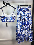 Juilienne Spaghetti strap Top＋Blue and White Porcelain Skirts 2 Pieces Set