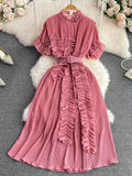 Avice Stand Collar Flare Sleeve High Waist Ruffle Dress