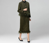 V-Neck Sleeveless Vest+long-Sleeved Coat+Straight skirt Feathers design 3 piece set