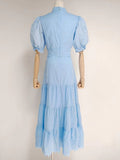 Elisabeth Stand Collar Short Puff Sleeve High Waist Long Dress