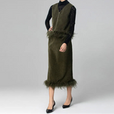 V-Neck Sleeveless Vest+long-Sleeved Coat+Straight skirt Feathers design 3 piece set