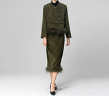 V-Neck Sleeveless Vest+long-Sleeved Coat+Straight skirt Feathers design 3 piece set