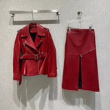 Leather Zipper Embossed Jacket & Skirt