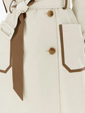 Long Color Block Faux Leather Trim Trench Coat