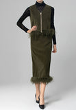 V-Neck Sleeveless Vest+long-Sleeved Coat+Straight skirt Feathers design 3 piece set