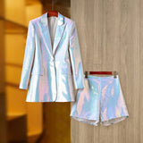 Iridescent 2PCS White Blazer Shorts Suit