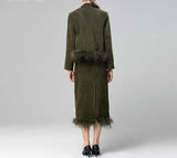 V-Neck Sleeveless Vest+long-Sleeved Coat+Straight skirt Feathers design 3 piece set