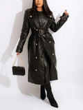 Double Breasted Black Leather Long Coats