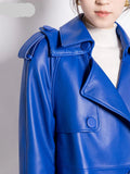 Long Luxury Elegant Blue Soft Leather Trench Coat