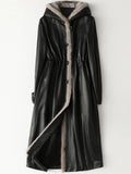 Long Warm Thick Black Leather Coat Women