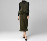 V-Neck Sleeveless Vest+long-Sleeved Coat+Straight skirt Feathers design 3 piece set