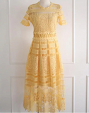 Yellow Short Sleeve Crochet Embroidered Dress