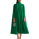 Batwing Cape Coat Lace-Up Solid Midi Dress