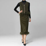 V-Neck Sleeveless Vest+long-Sleeved Coat+Straight skirt Feathers design 3 piece set