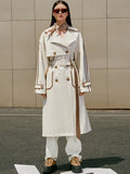 Long Color Block Faux Leather Trim Trench Coat