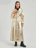 Long Gold Shiny Patent Pu Leather Trench Coat