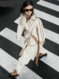 Long Color Block Faux Leather Trim Trench Coat