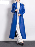 Long Luxury Elegant Blue Soft Leather Trench Coat