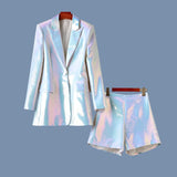 Iridescent 2PCS White Blazer Shorts Suit