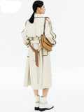 Long Color Block Faux Leather Trim Trench Coat