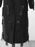 Black Leather Tassels long Trench New Lapel